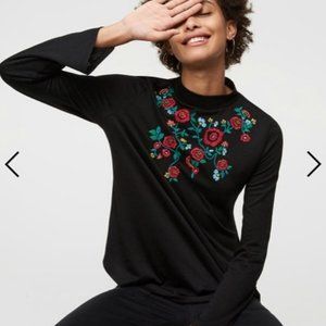 LOFT Floral embroidered mock neck top Medium